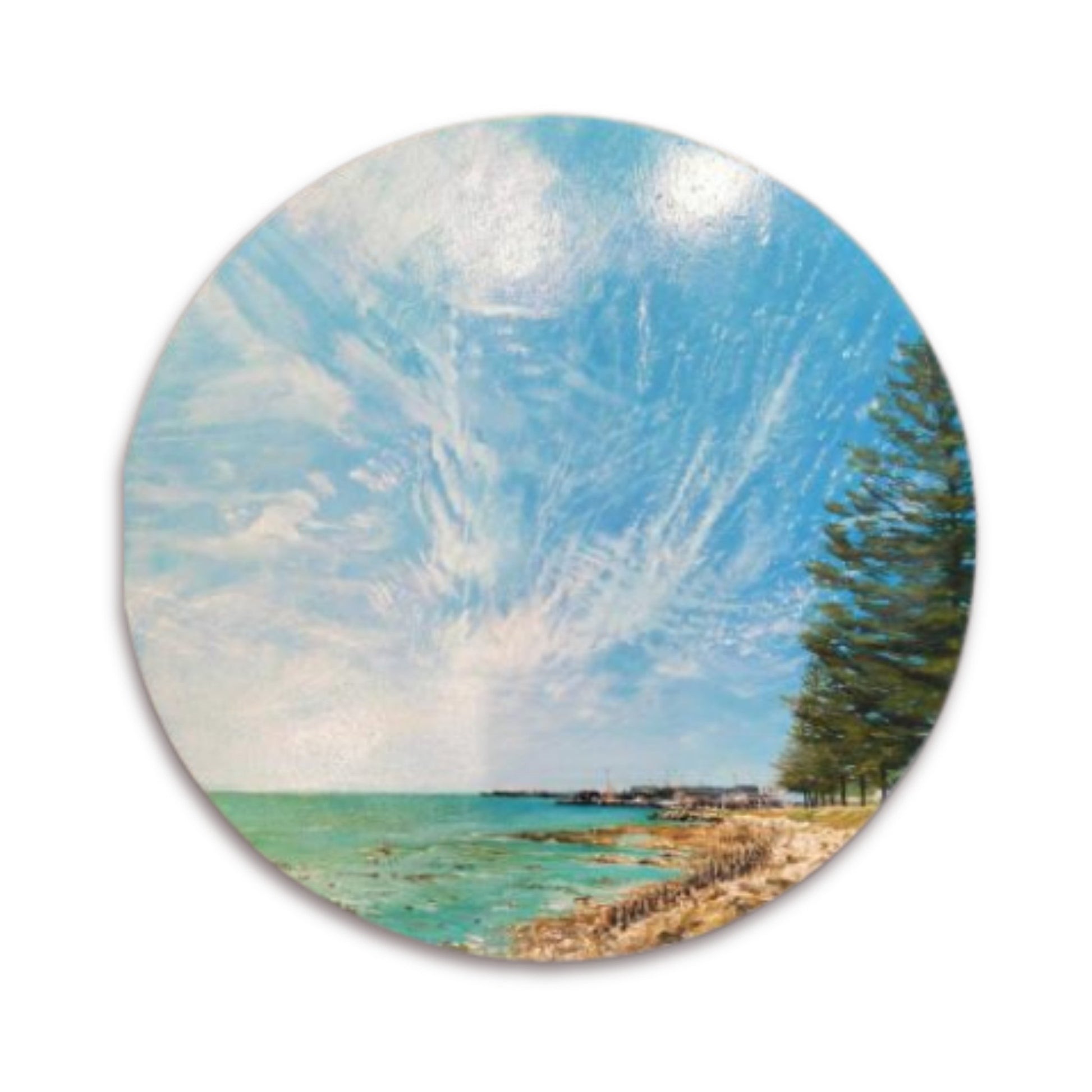 Original round painting of Hardinge Road and Napier Port by Bari Duncan, featuring windswept pine trees, rocky shoreline, and a soft cloudy sky on white background