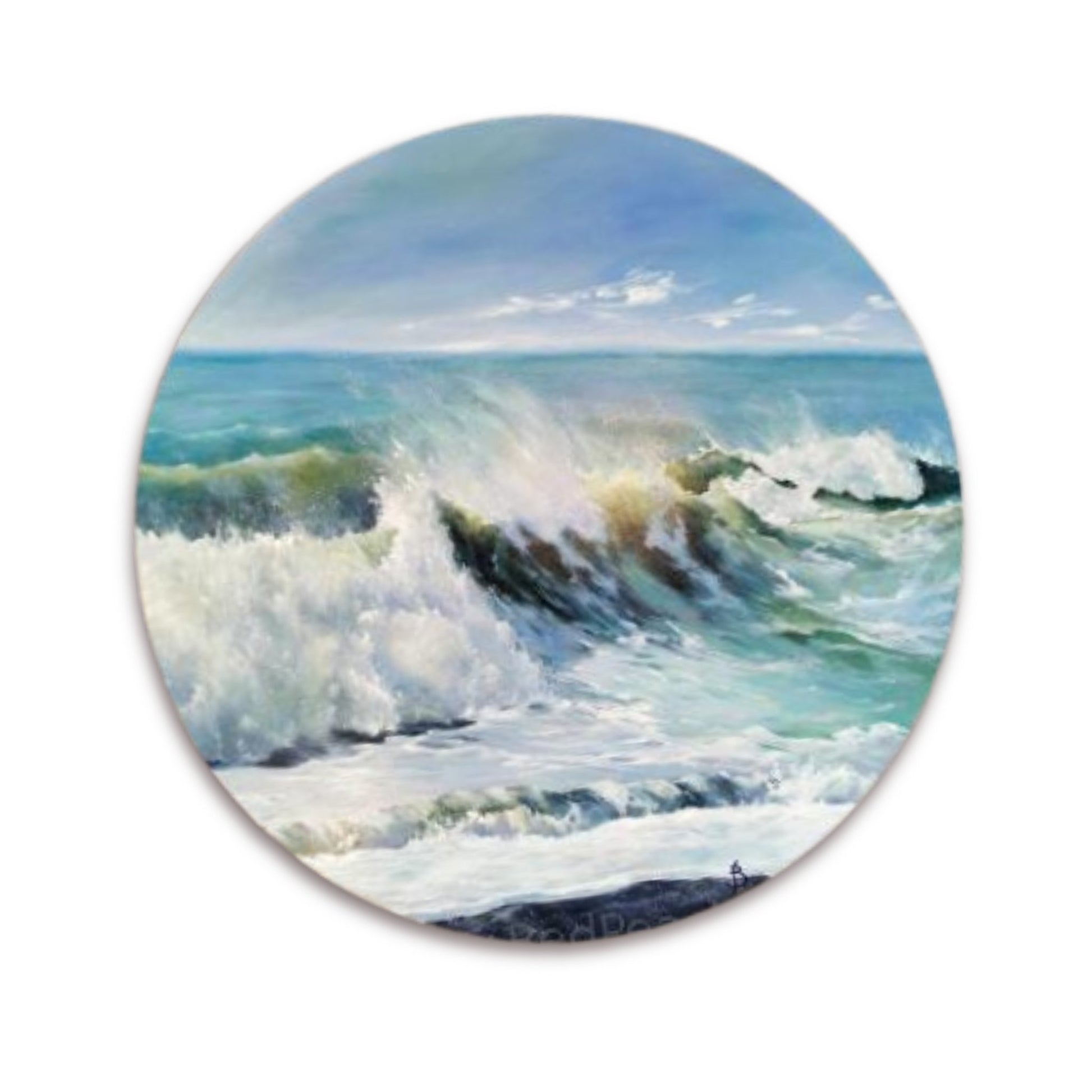 ocean painting in soft aqua and blue tones  by Bari Duncan, displayed on a white wall