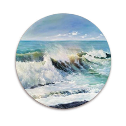 ocean painting in soft aqua and blue tones  by Bari Duncan, displayed on a white wall