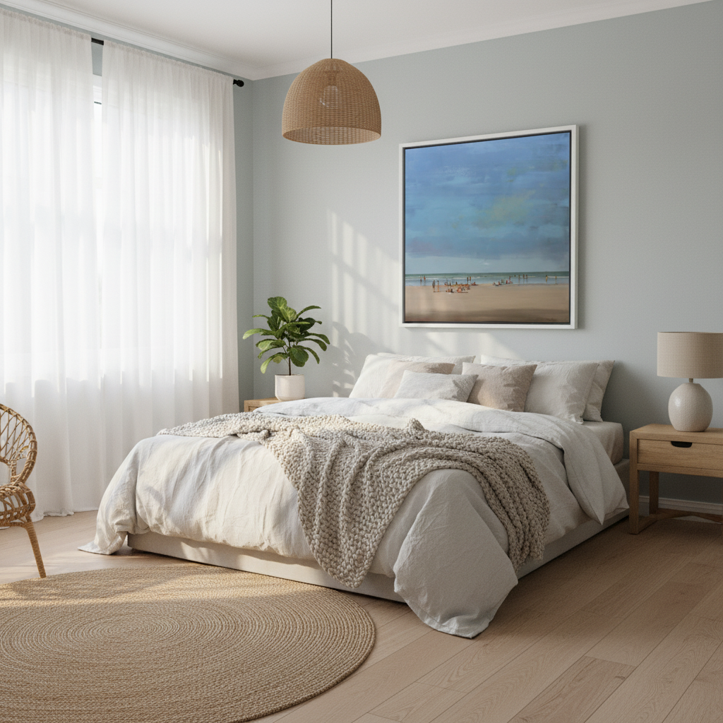 Beach Chill coastal painting by Nicholas Hayter displayed in a sunlit home, bringing summer warmth and seaside tranquility to the space
