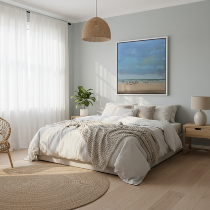 Beach Chill coastal painting by Nicholas Hayter displayed in a sunlit home, bringing summer warmth and seaside tranquility to the space
