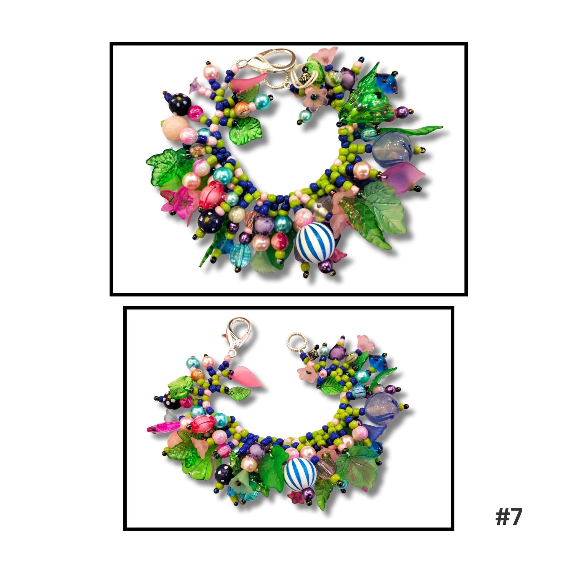 Colorful beaded necklace with leaf and balloon designs on a white background