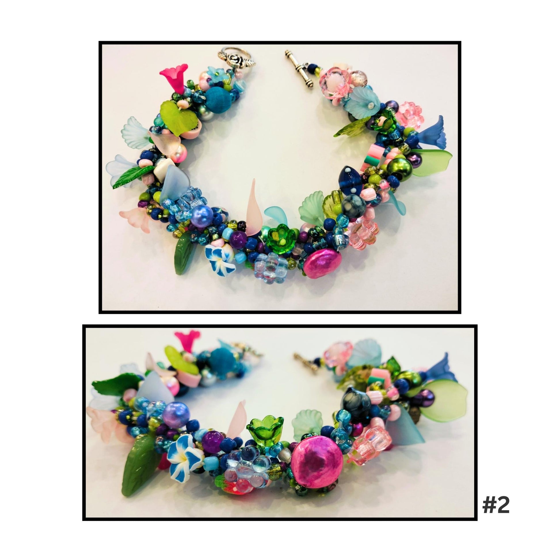 Beaded bracelet in the pink and blue shades by artist Nola Weber.