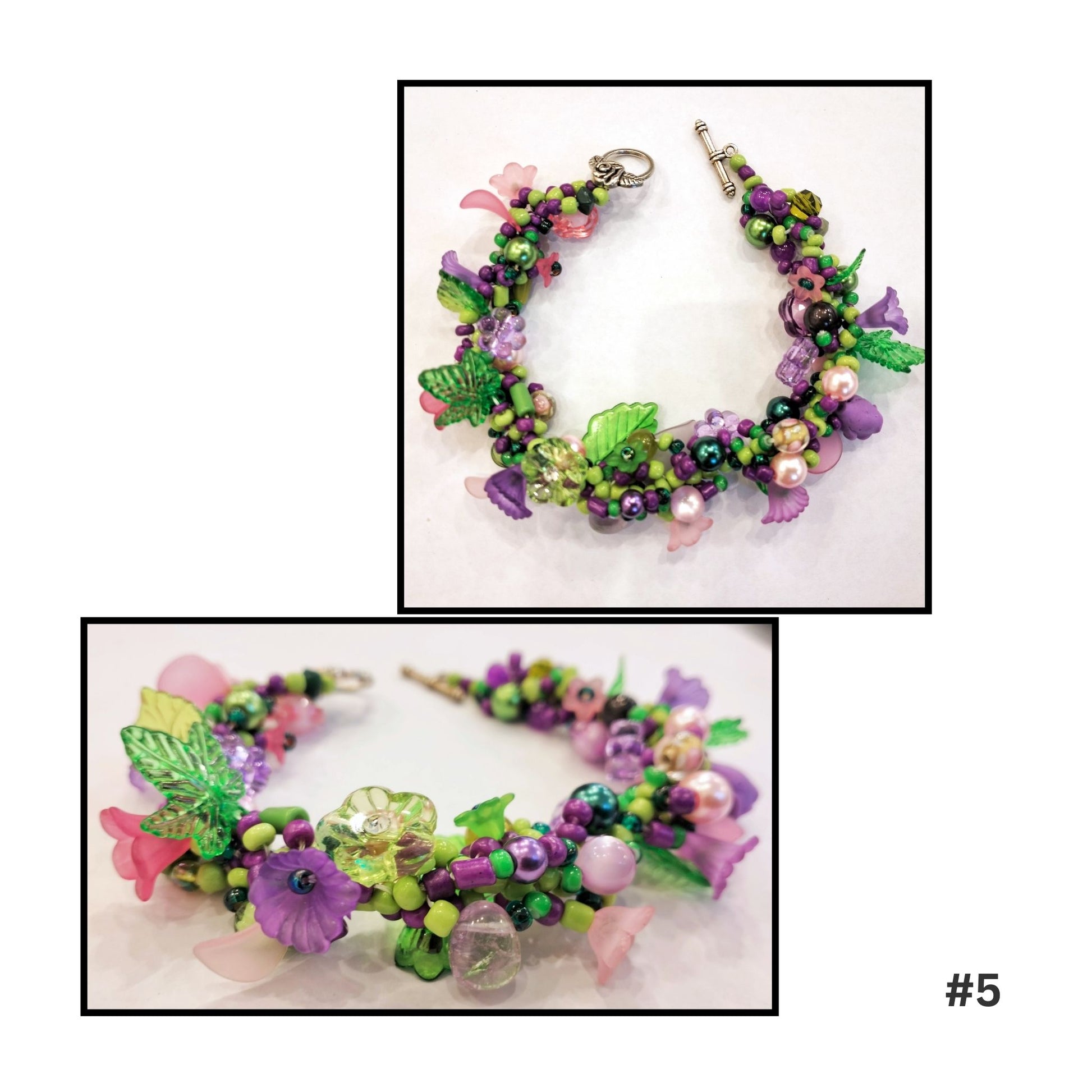 Colorful beaded bracelet with floral and butterfly designs on a white background.