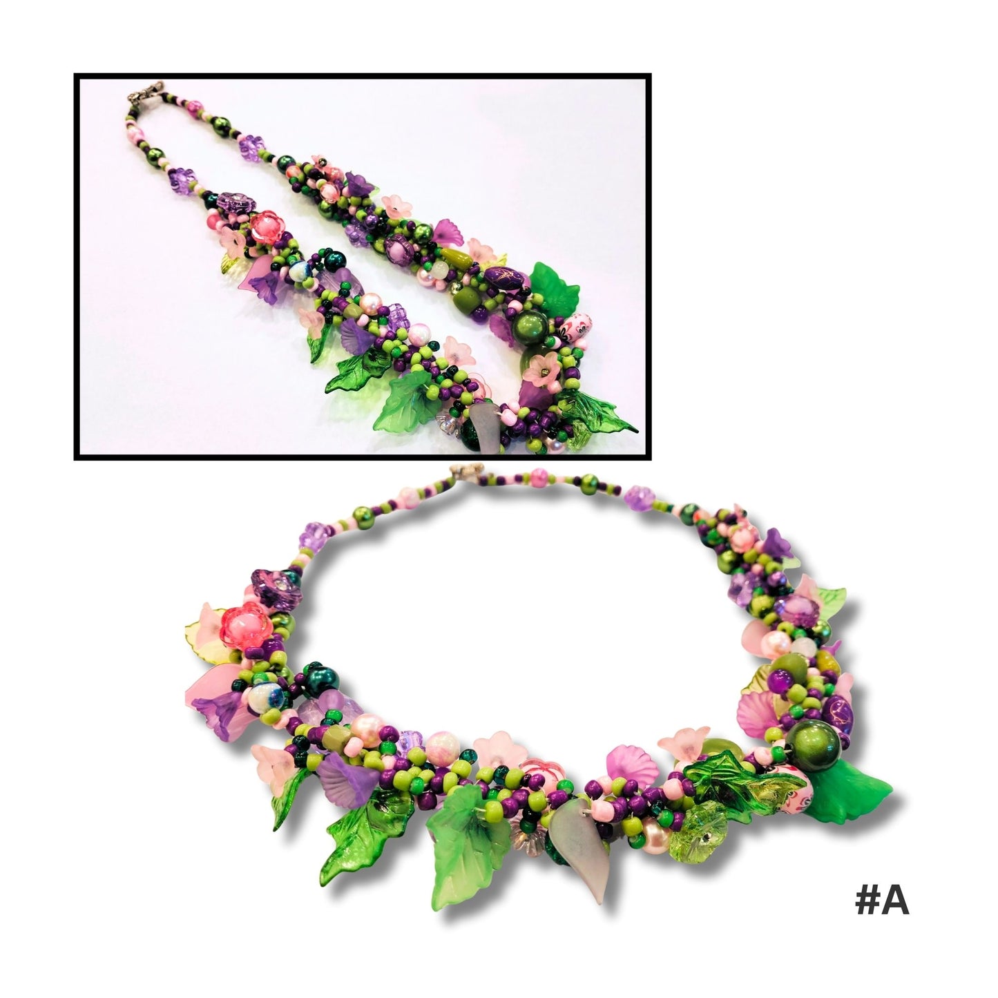 Delicate beaded necklace close ups by Judith Bradley with carefully placed beads on a 52cm chain, photographed on white background