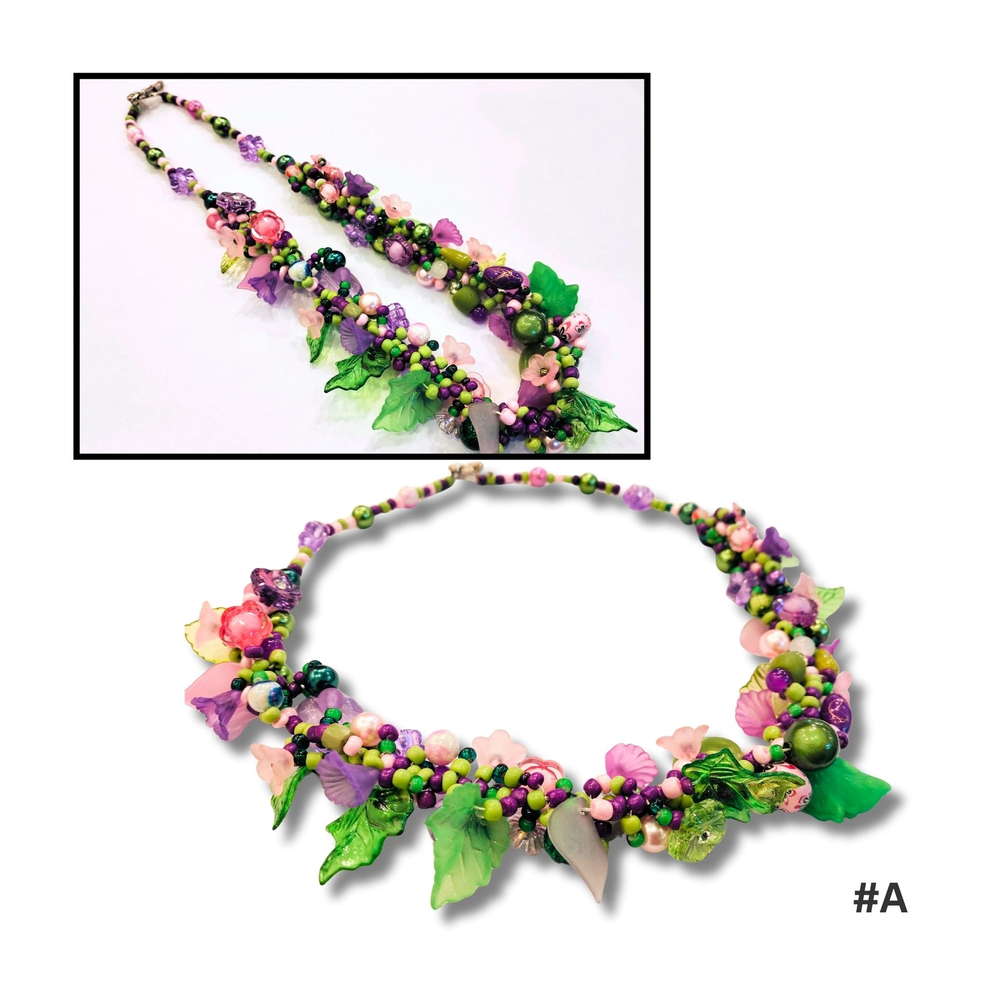 Delicate beaded necklace close ups by Judith Bradley with carefully placed beads on a 52cm chain, photographed on white background