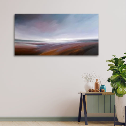 Tut Blumental’s abstract landscape ‘A Beautiful Autumn Day’ with rich brown and maroon hues beneath a wide sky, styled in a modern interior space.