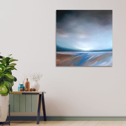 Abstract painting by Tut Blumental featuring soft blue and earth tones under a balanced sky, styled in a calm, light-filled interior.