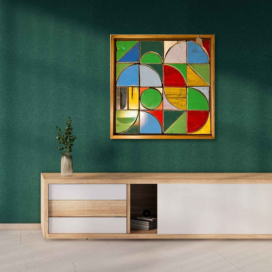 Alt Text (Mock-up):
Bee’haus #10 geometric beehive art by Lee Pritchard displayed in a modern living space with warm tones