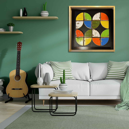 Bee’haus #15 by Lee Pritchard displayed in a modern interior, highlighting geometric beehive design and natural pine frame