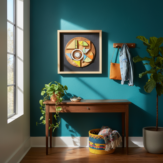 Pop by Lee Pritchard shown in a contemporary interior, featuring vibrant reclaimed beehive wood shapes on a copper circle.