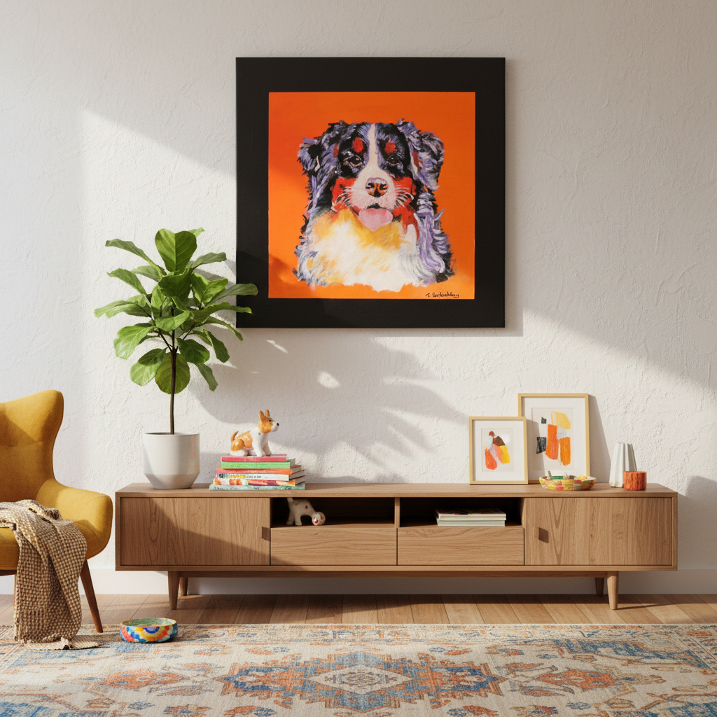Bernese Mountain Dog portrait by Teresa Corbishley displayed in contemporary home with vibrant styling and natural light
