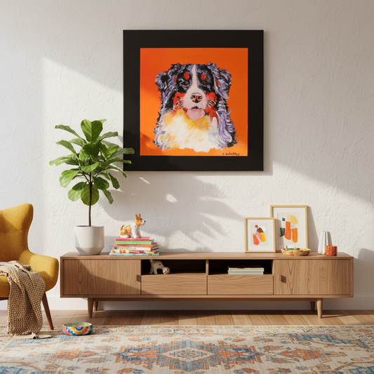 Bernese Mountain Dog portrait by Teresa Corbishley displayed in contemporary home with vibrant styling and natural light
