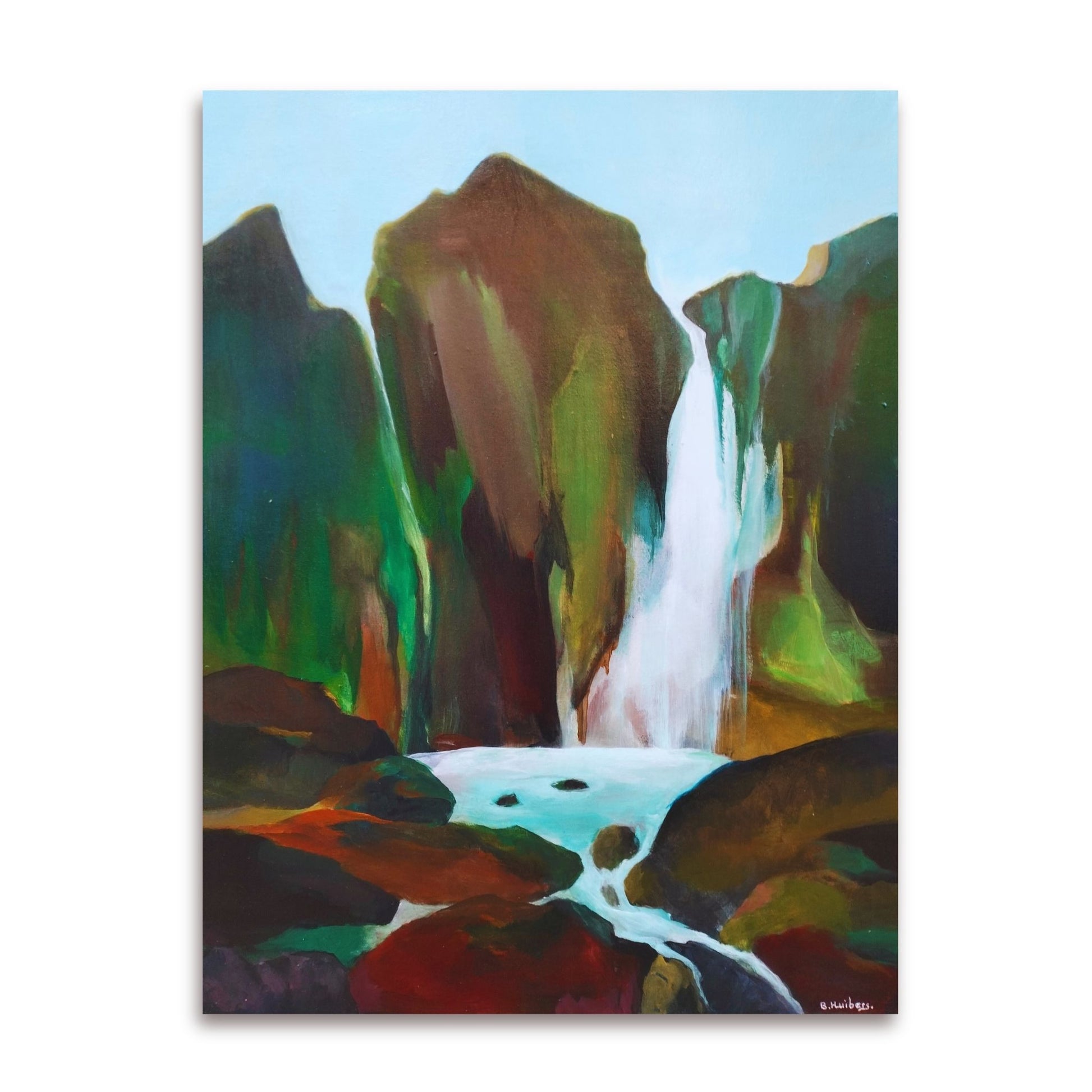Waterfall abstract acrylic painting by Bettie Huibers in earthy greens and browns with a waterfall flowing into a rocky pool on white background