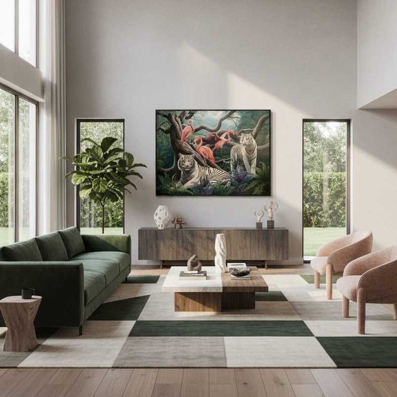 Lauren Worsley Bewitched large white tiger forest painting hung as a statement artwork in a grand contemporary New Zealand home interior, Red Peach Gallery Napier
