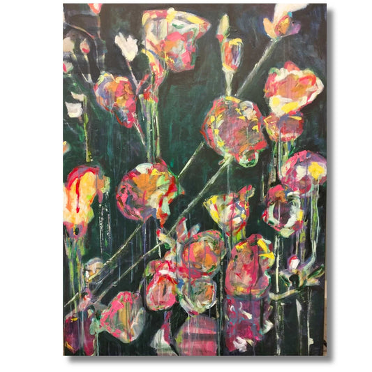 Large original acrylic painting Bloom by Rachel Cameron - vivid abstract florals in pink, red and gold on dark background
