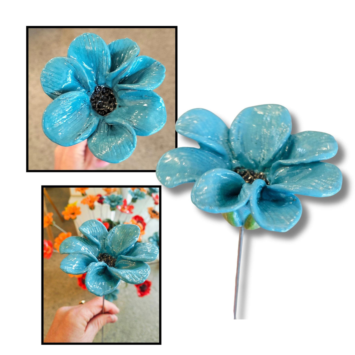 A blue ceramic outdoor flower  with a glossy finish, shown in a main product view and two inset detail/lifestyle views. The flower is inserted into a ground setting, and one inset shows a hand holding the flower.