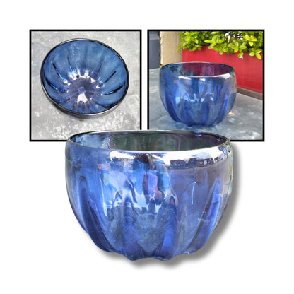 Navy blue handblown glass bowl with subtle sparkle, crafted by NZ glass artist Heather Kremen.