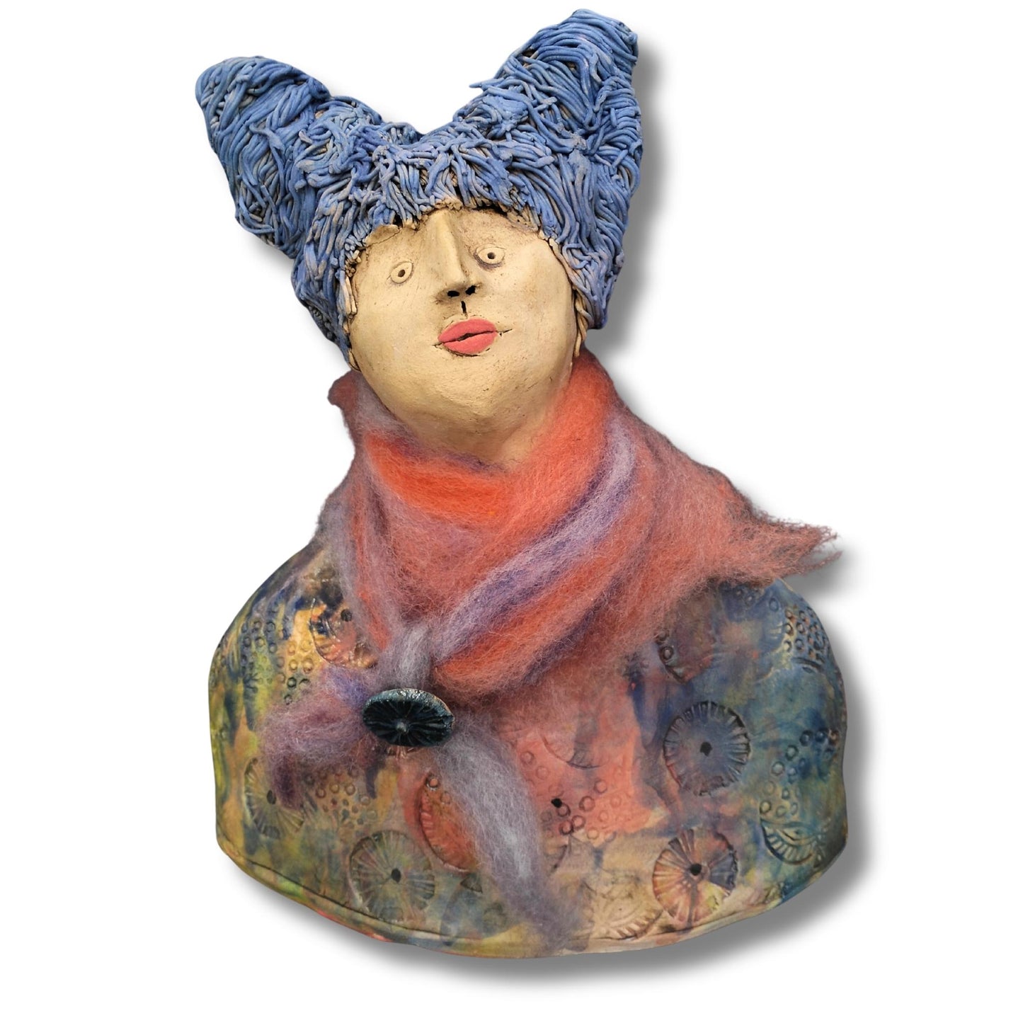 Blue Monday by Mandy Olson. Hand-built ceramic lady with blue hat and pink scarf. 26cm. A unique, characterful sculpture for your home.
