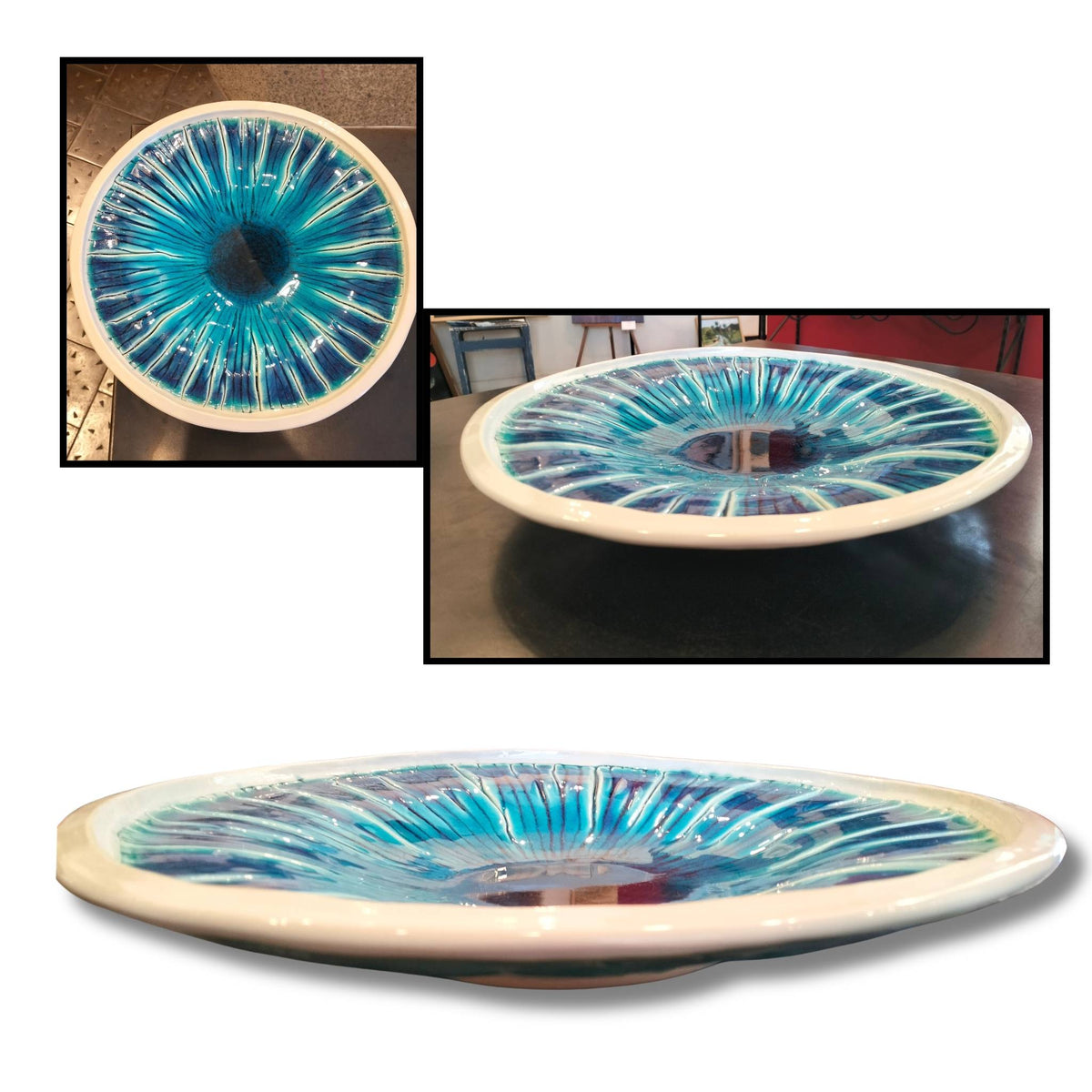 Large ceramic platter by Tom Somerville, with turquoise and deep blue radiating lines, a dark centre and creamy rim, shown from above and at low side angles.
