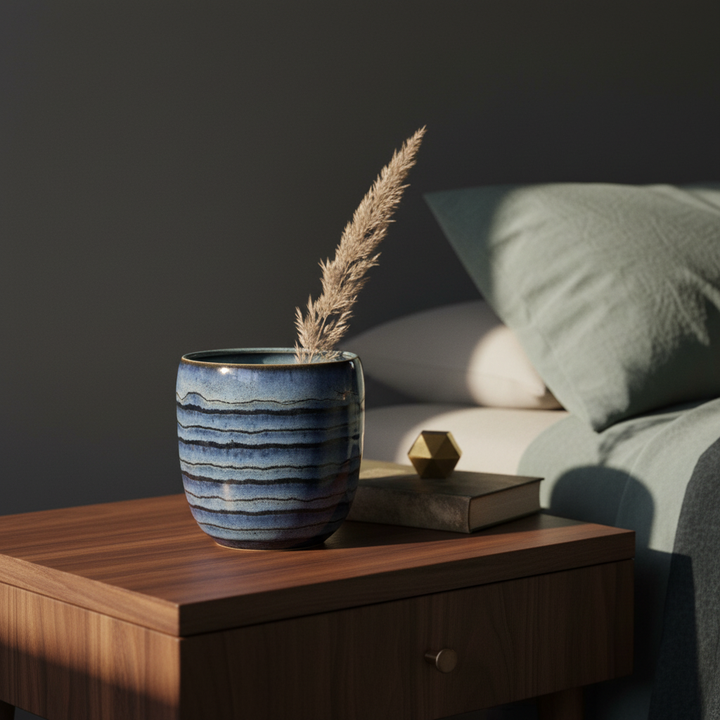 Blue Striped Glaze Vase by Karene Fairey styled on dark wood surface in moody contemporary interior
