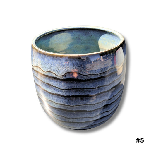 Blue Striped Glaze Vase with hand-carved horizontal lines in deep blue glaze by Karene Fairey
