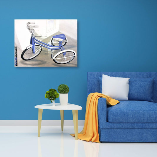 Living room with blue sofa, small table, and wall art of a Blue Trike painting by David Jung – playful childhood artwork
