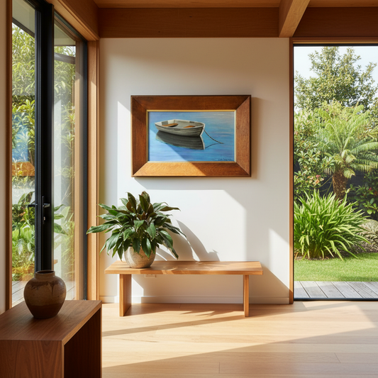 Boat on the Water by David Jung displayed in a contemporary NZ home interior, framed acrylic painting of a white boat on calm blue water
