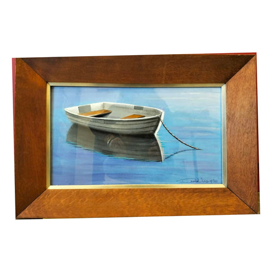 Boat on the Water, original acrylic by David Jung, white rowing boat with perfect reflection on still blue water, warm timber frame with gold slip
