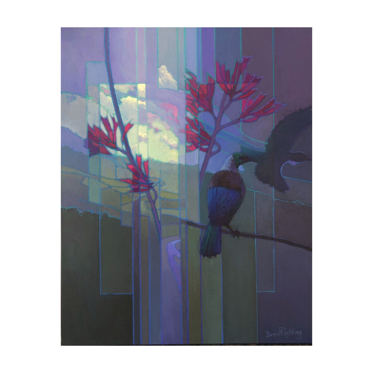 Window in the Weather" original acrylic painting by Brent Redding featuring tui birds and stylized New Zealand landscape – displayed on white background.