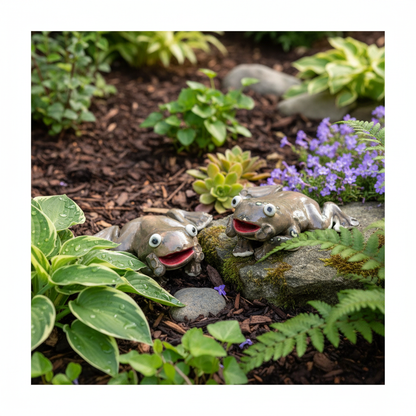 Brown ceramic frogs in garden setting