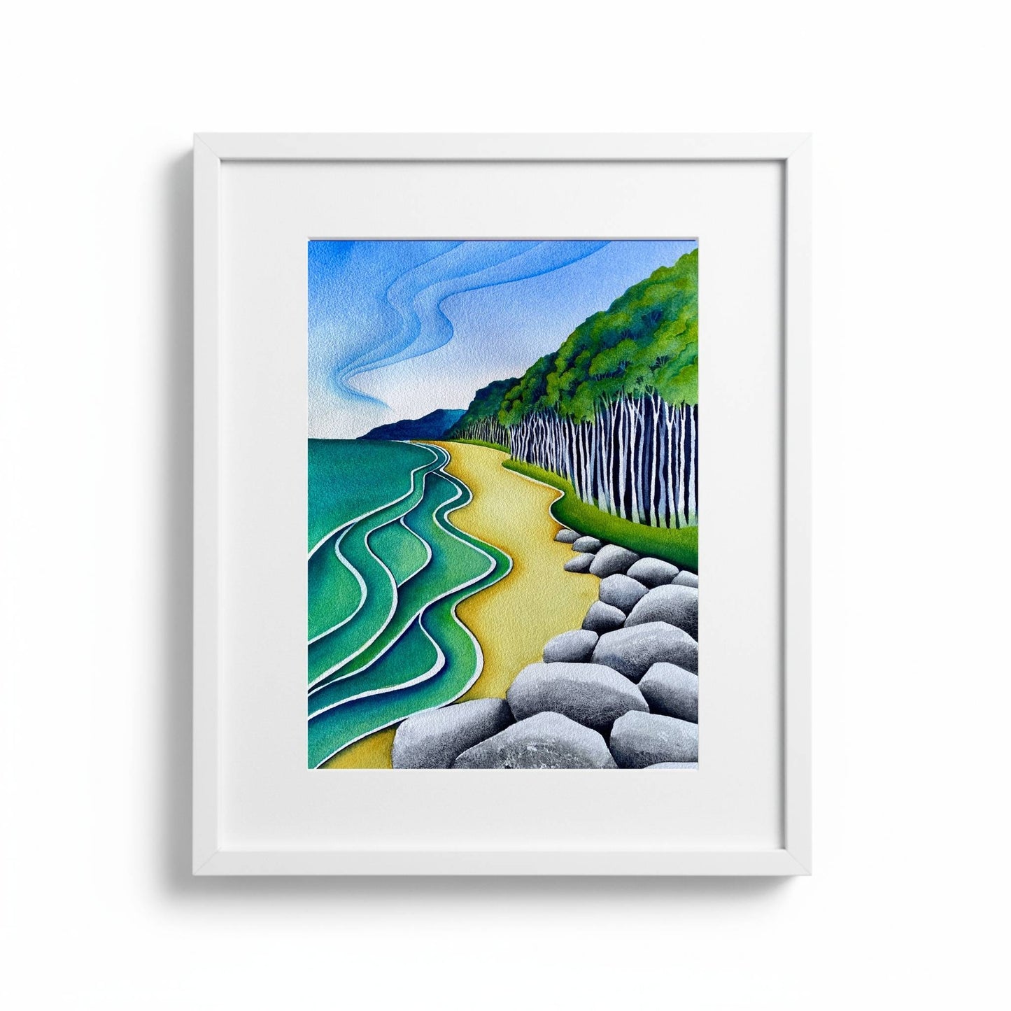  Bruce Bay watercolour painting by Raewyn Harris showing turquoise waves, golden sand, grey river stones and white birch trees in white frame