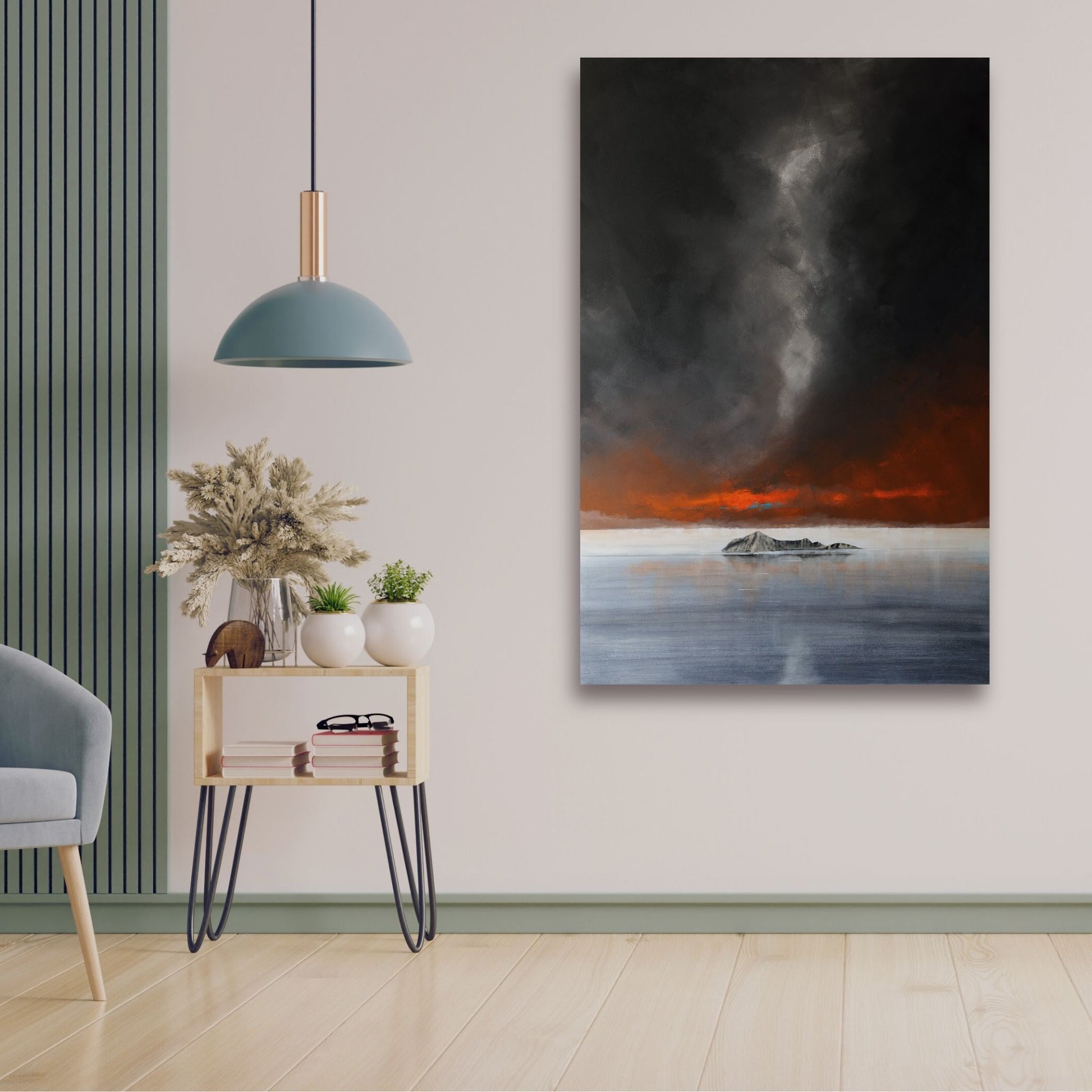 Bruce Mortimer’s Bare Island artwork capturing Hawke’s Bay coastline in dramatic colour in lifestyle mock up