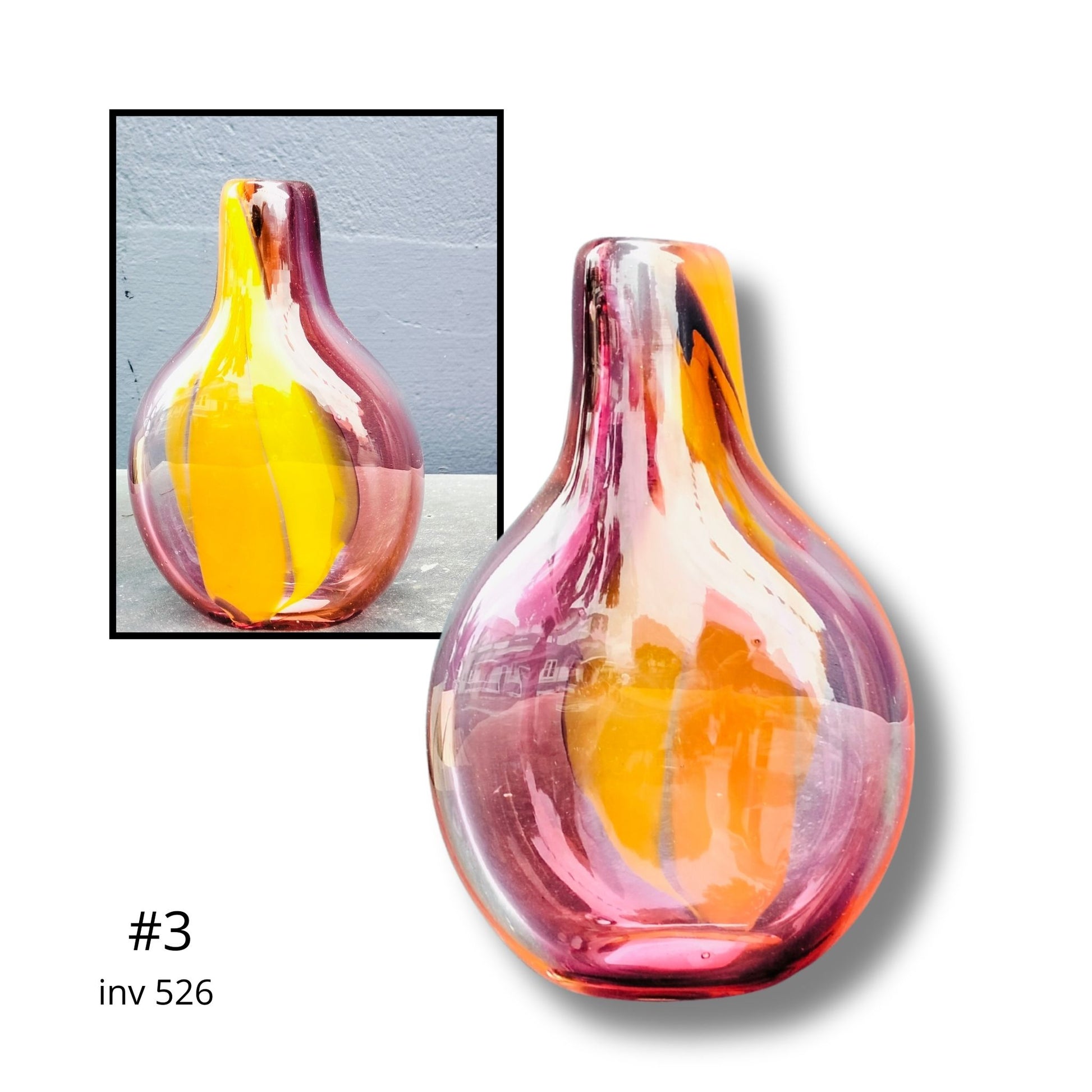 Colorful glass vase with a smaller inset showing a close-up of its design.