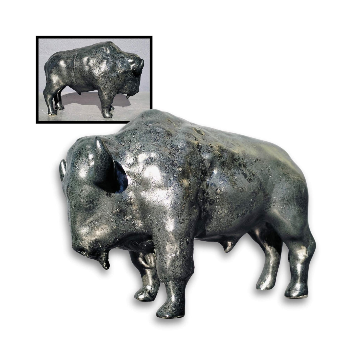 Side views of Storm Davenport’s handcrafted ceramic buffalo sculpture highlighting the three-dimensional form and layered black glaze finish.

