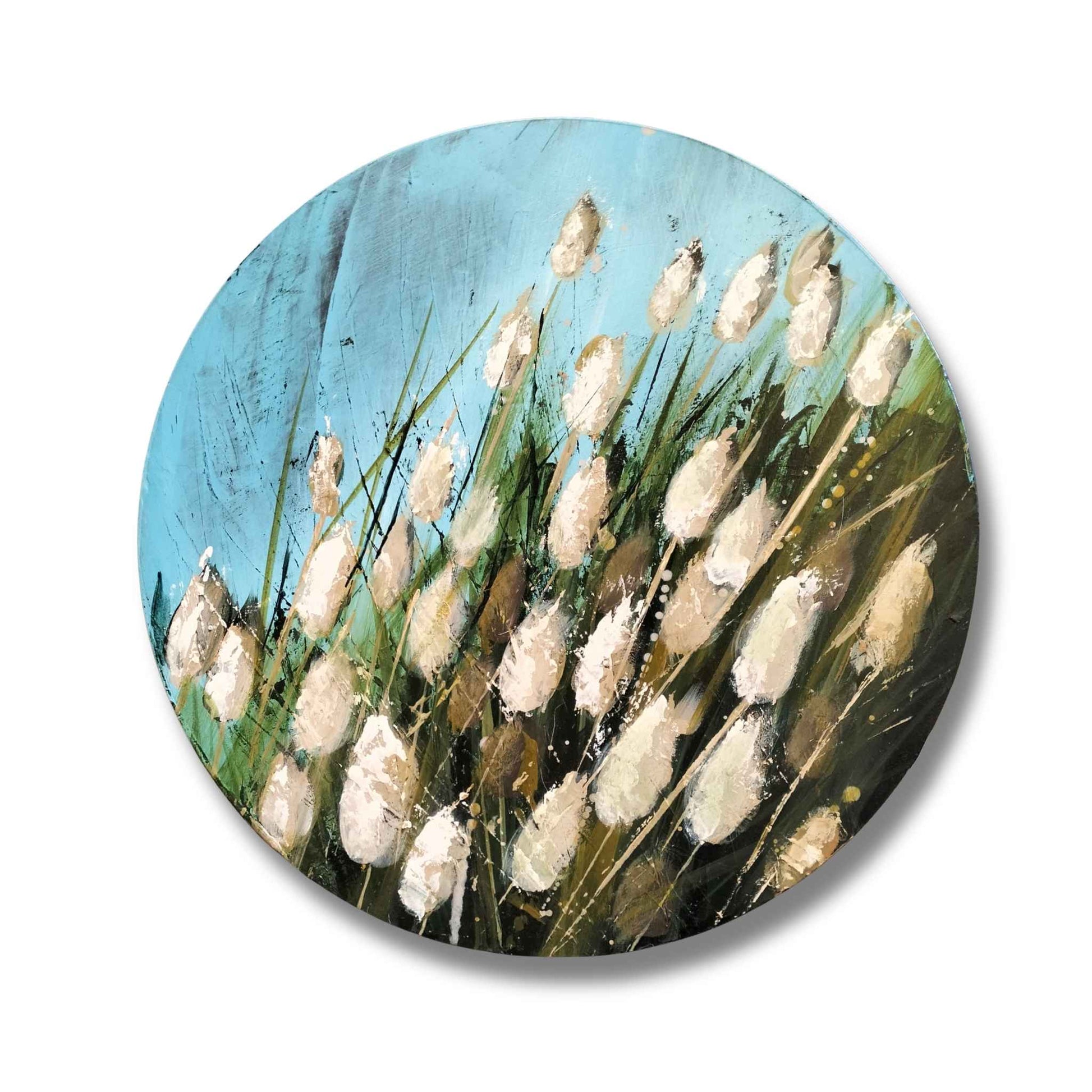 Original circular oil painting on board of bunny tail grasses with creamy white plumes against a turquoise blue sky, by New Zealand artist Susan Vorster, 30cm diameter.
