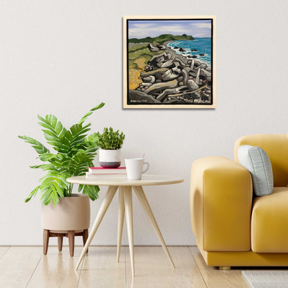 Cape Egmont by John Staniford styled in a home interior — a soulful 34x34cm coastal artwork bringing warmth and connection to the space.