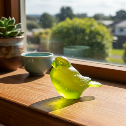 Cast Glass Bird – Lime Green in home mock up
