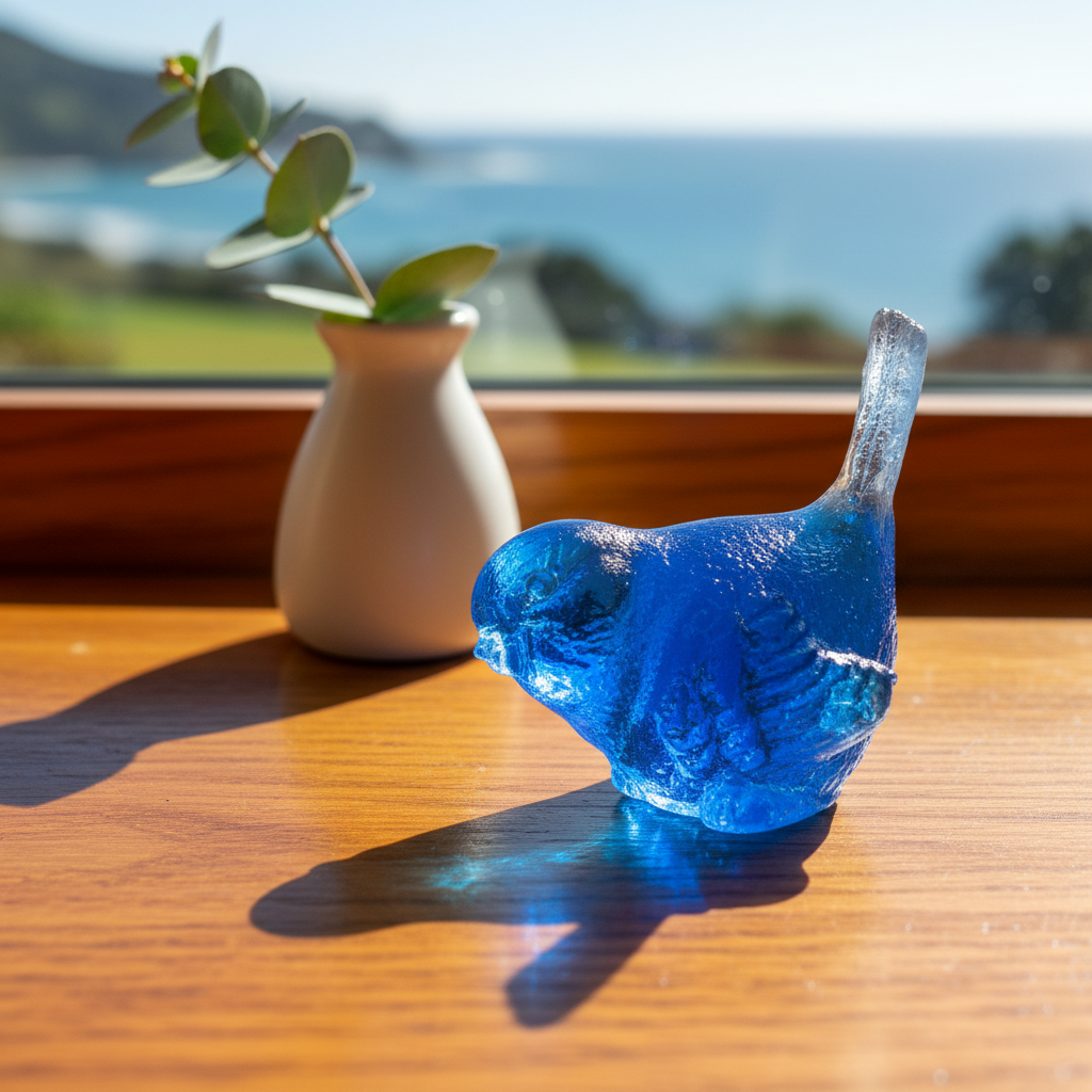 Blue cast glass bird sculpture by Lou Mathieson catching sunlight on a timber windowsill in a NZ coastal home
