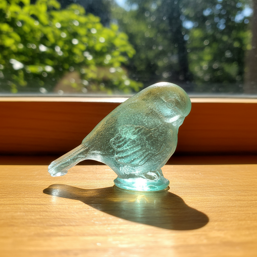 Pale Turquoise cast glass bird sculpture by Lou Mathieson glowing on a sun-drenched timber windowsill with rosy light reflection
