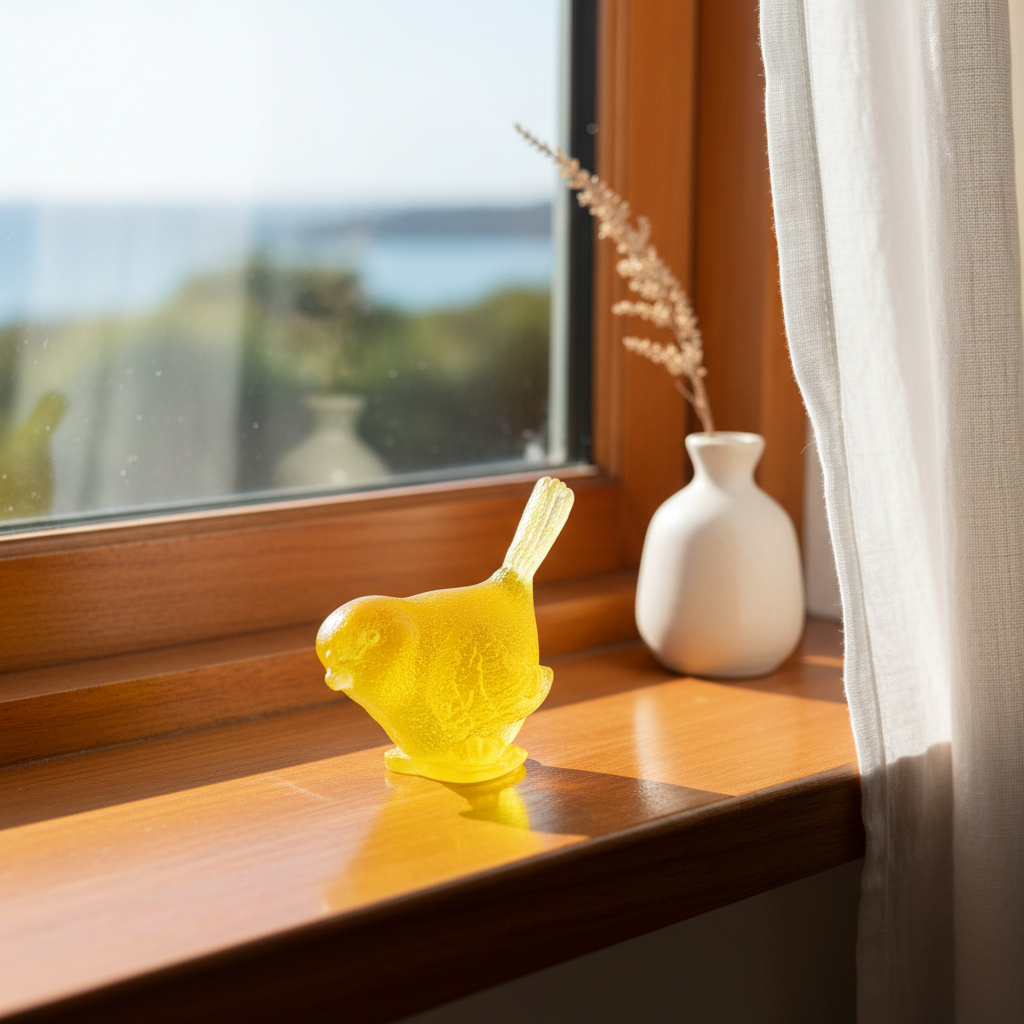 Yellow cast glass bird sculpture by Lou Mathieson glowing on a sun-drenched timber windowsill with light reflection
