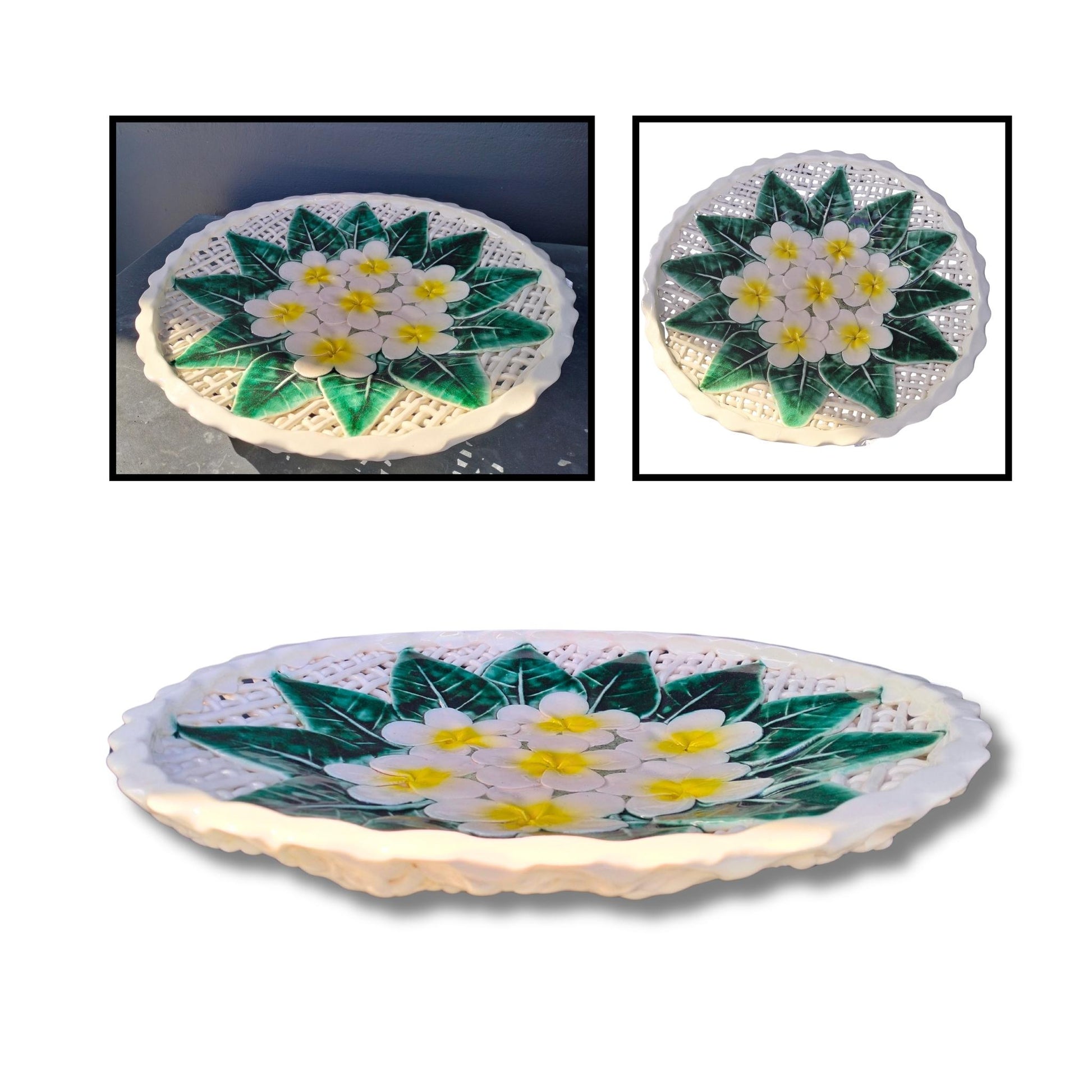Handmade ceramic Frangipani Platter by Tom Somerville with white flowers, yellow centers, and green leaves on scalloped edge
