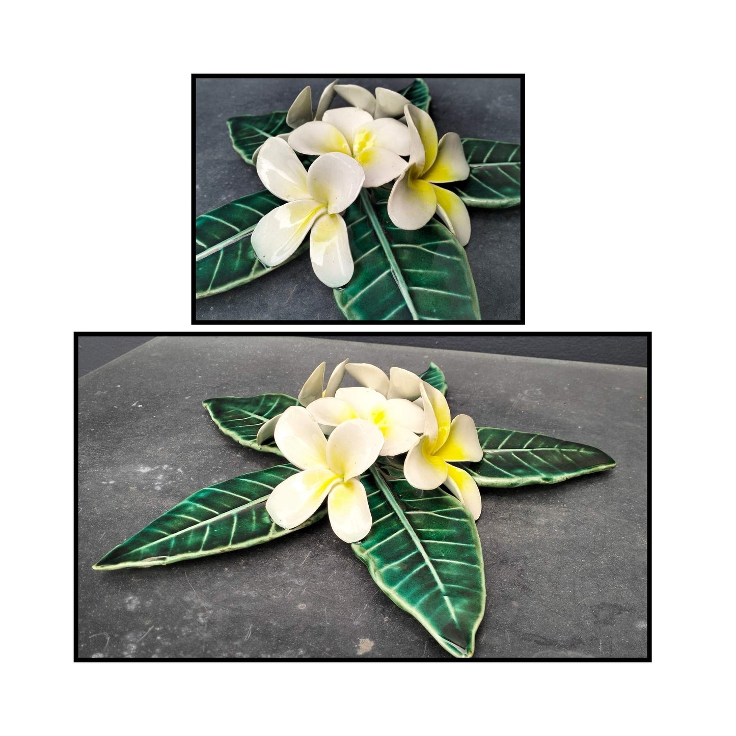 Three-dimensional ceramic Frangipani Wall Hanging by Tom Somerville with white flowers, yellow centers, and glossy green leaves -close ups
