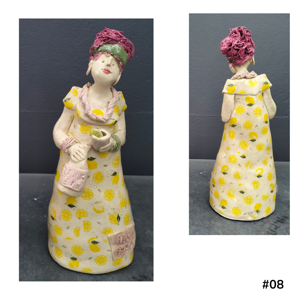 Mandy Olson’s ceramic lady 08, with burgundy hair, a green headband and a yellow lemon-patterned dress, shown from the front and back.
