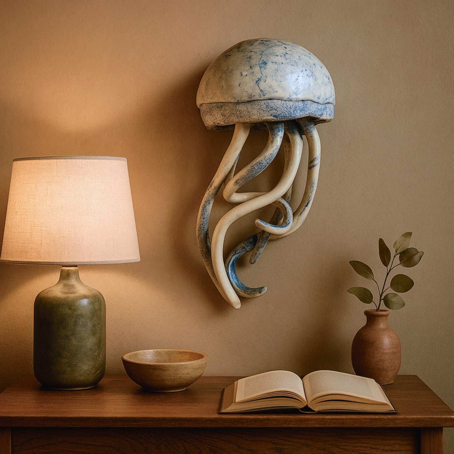 Ceramic jellyfish sculpture by Storm Davenport displayed on home wall in elegant interior setting with natural lighting