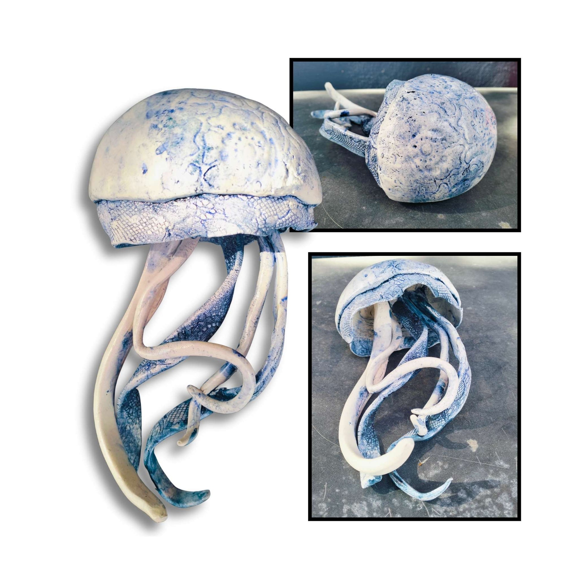 Ceramic jellyfish sculpture by Storm Davenport featuring flowing tentacles and organic form in neutral tones