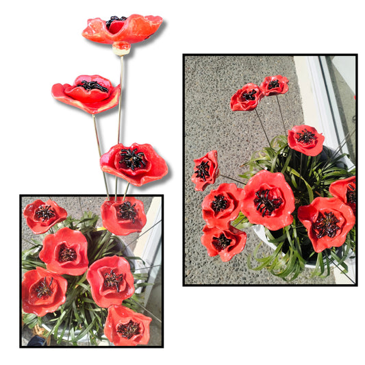 Red ceramic poppy flowers on steel stems by Teresa Corbishley, handmade in New Zealand
