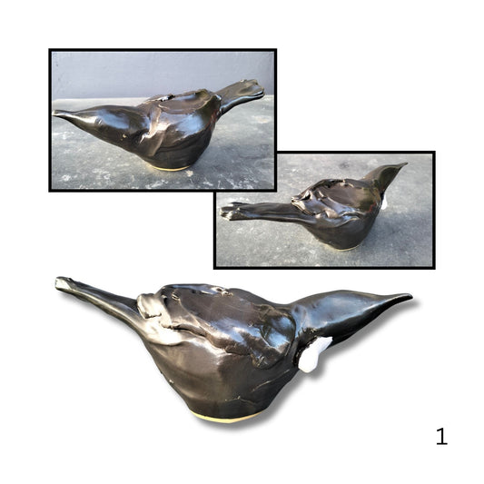 Hand-sculpted clay Tui figurine Option 1 by Kylie Matheson, black with white tuft, sitting upright