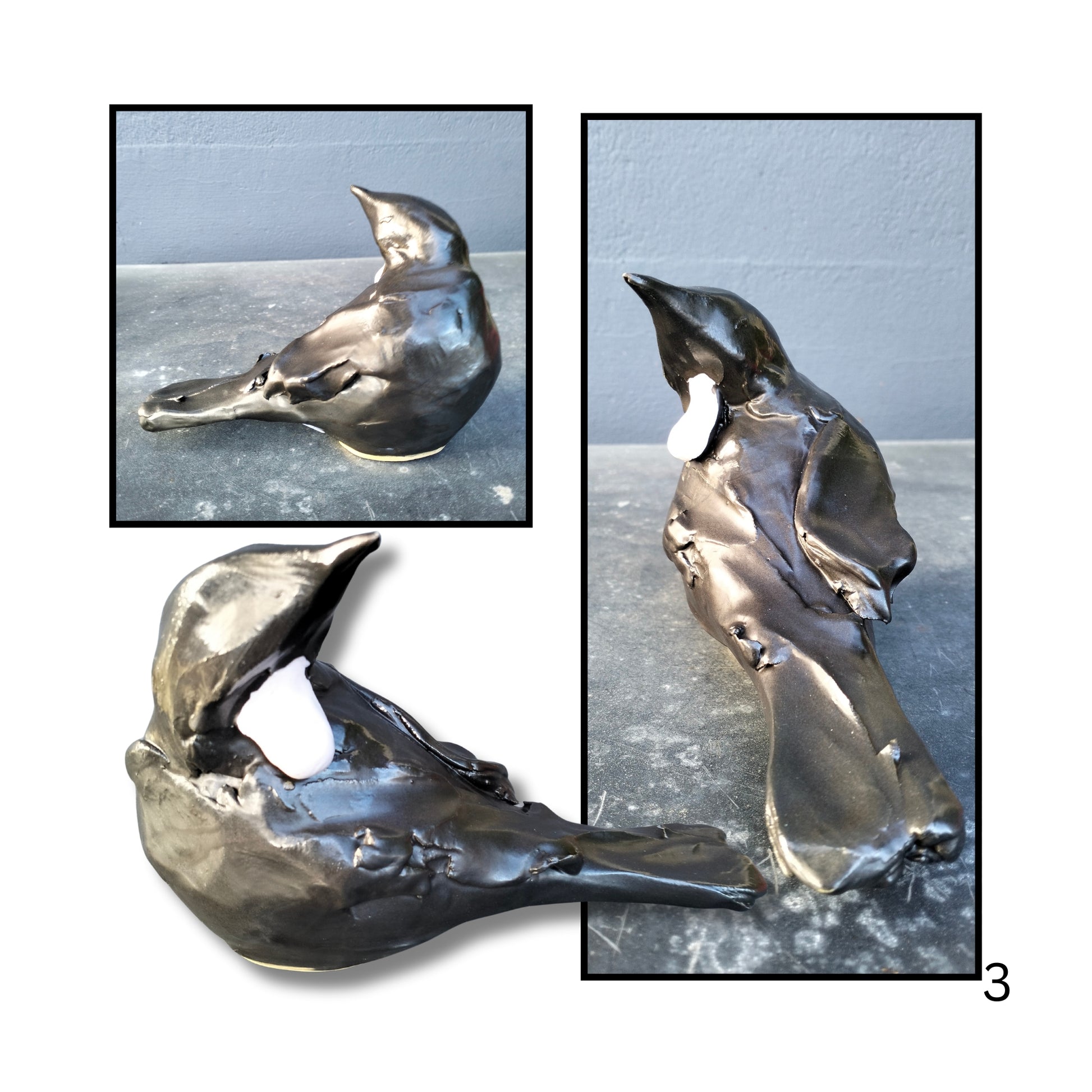 Clay Tui bird sculpture Option 3 by Kylie Matheson, handcrafted in black glaze with signature white tuft