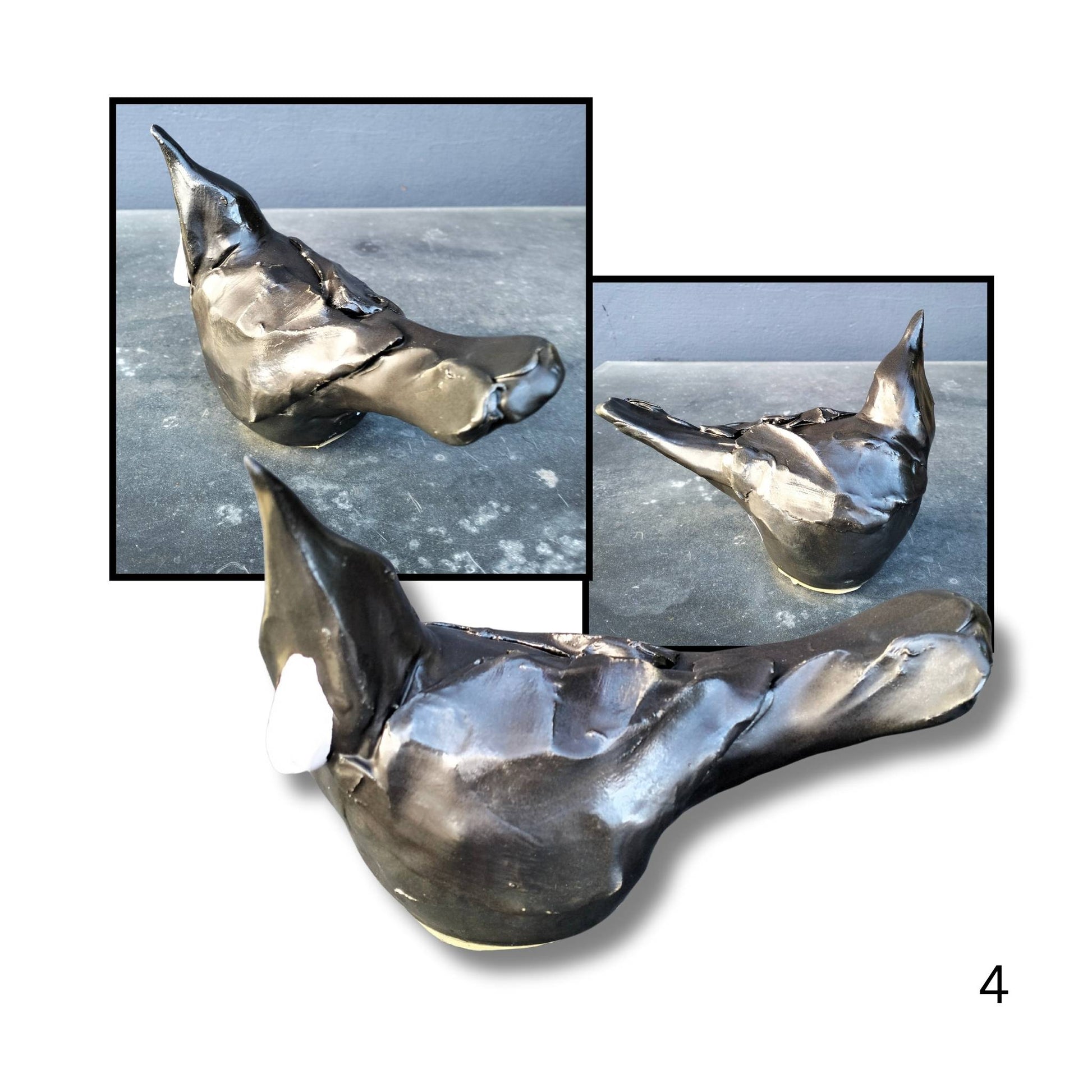 Hand-sculpted clay Tui figurine Option 4 by Kylie Matheson, black with white tuft, sitting upright